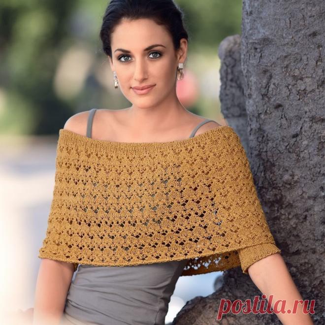 Ажурное болеро с открытыми плечами

Интригующая и оригинальная модель для торжественных случаев. Она несложна в исполнении, необычна и очень элегантна.

Размер 

Обхват 108 см, высота 29 см 

ВАМ ПОТРЕБУЕТСЯ
Пряжа (55% хлопка, 25% полиамида, 20% шелка; 125 м/50 г) — 300 г золотисто-желтой; спицы №3; круговые спицы №3 и 3,5 длиной по 80 см.

УЗОРЫ И СХЕМЫ

ЛИЦЕВАЯ ГЛАДЬ
Лицевые ряды — лицевые петли, изнаночные ряды — изнаночные петли. 

РЕЗИНКА
Попеременно 2 лиц., 2 изн.

А...