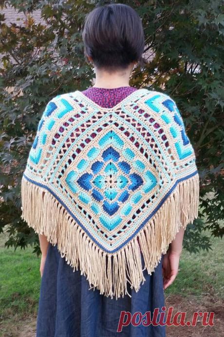 Poncho Boho Fashion Gypsy Hippie Retro 70s Free Shipping Ready to Ship Handmade and designed in a freewheeling, stream of consciousness style... making this One of a Kind.  Wear it Two Ways, Diamond in front,making a V-neck or Square with a straight boat neck edge. Nicely Fringed.  Fun to wear, expressive, Bohemian feel.  Shades of Blue, Teal and Tan.  Length from top of shoulder to bottom of fringe: 31 inches to the point.  Easy Care, Machine Washable Delicate, Tumble Dry...