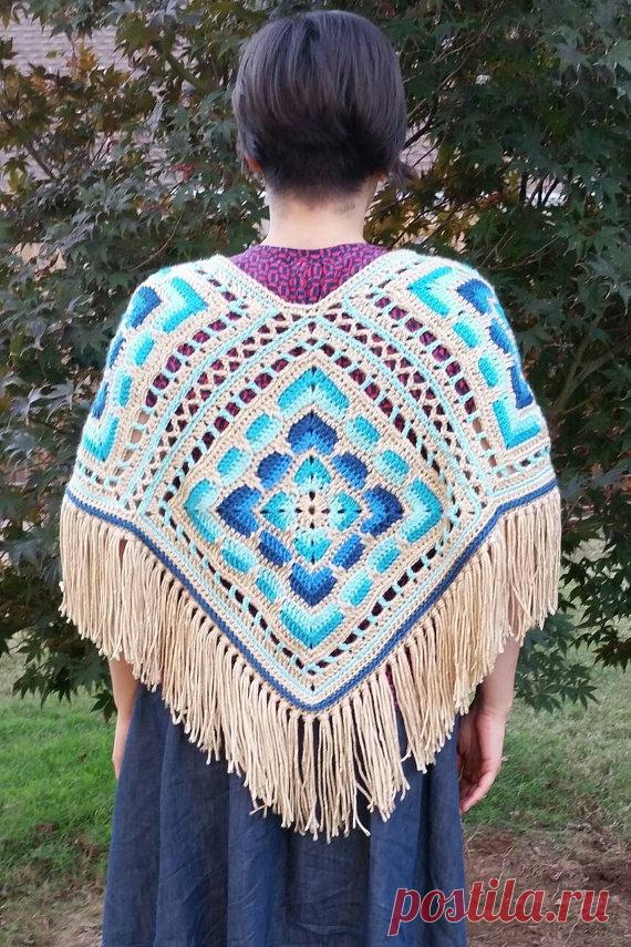 Poncho Boho Fashion Gypsy Hippie Retro 70s Free Shipping Ready to Ship Handmade and designed in a freewheeling, stream of consciousness style... making this One of a Kind.  Wear it Two Ways, Diamond in front,making a V-neck or Square with a straight boat neck edge. Nicely Fringed.  Fun to wear, expressive, Bohemian feel.  Shades of Blue, Teal and Tan.  Length from top of shoulder to bottom of fringe: 31 inches to the point.  Easy Care, Machine Washable Delicate, Tumble Dry...