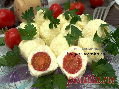 Оригинальная закуска из помидорок черри с сыром и чесноком