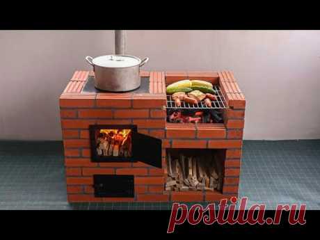 Уличная дровяная печь из красного кирпича и цемента