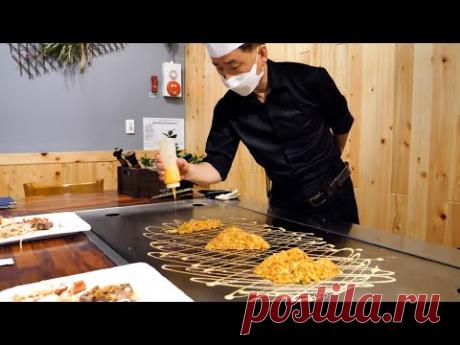 Артистическое блюдо теппаньяки, стейк из вырезки и морепродукты