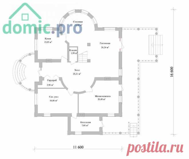 Проект коттеджа с мансардой, котельной, гостиной, тремя спальнями — Архитектурное бюро «Домик.про»