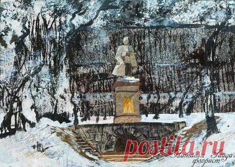 Памятник Сергею Лазо в Театральном сквере (памятник - из листа тополя серебристого, задний план - скелетированные листья)