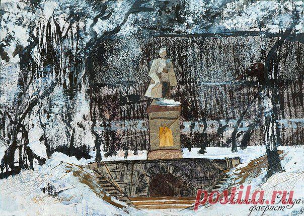 Памятник Сергею Лазо в Театральном сквере (памятник - из листа тополя серебристого, задний план - скелетированные листья)