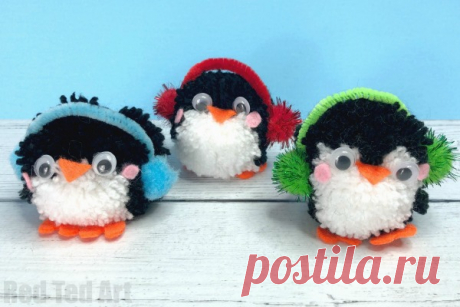 Pom Pom Penguin DIY Ornaments - Red Ted Art Easy Pom Pom Penguin DIY Ornament. Learn how to make a pom pom Penguin for Christmas or Winter. Penguin Ornament or Pompom penguin backpack charm. Adorable.
