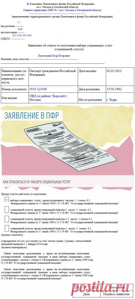 Образец заявления в пенсионный фонд об отказе от соцпакета по инвалидности в 2021 году. Заявление об отказе от НСУ