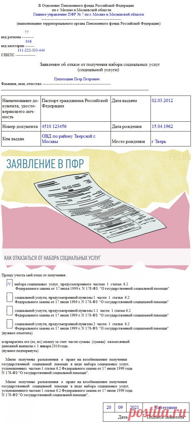 Образец заявления в пенсионный фонд об отказе от соцпакета по инвалидности в 2021 году. Заявление об отказе от НСУ