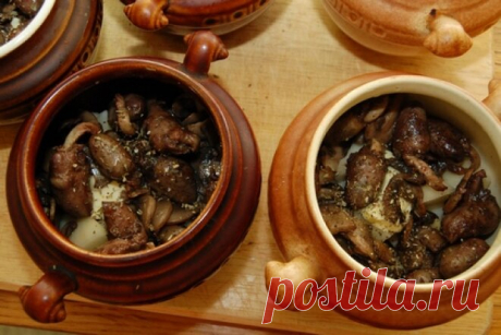 Курица с потрошками и грибами в горшочках, рецепт с фото