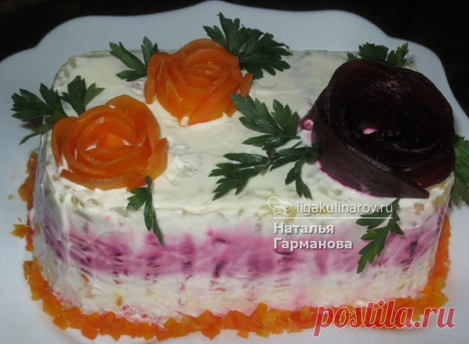 Салат слоеный с крабовыми палочками, рецепт от Лиги Кулинаров.