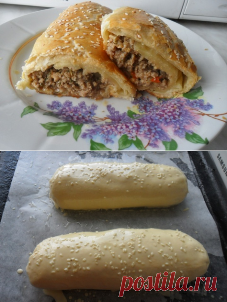Мясной пирог из слоеного теста.