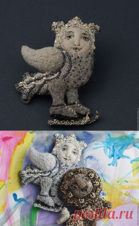 Купить птичка брошь войлочная брошь Птица Сирин, серия Сказочный лес. - коричневый