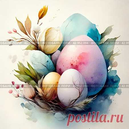 A watercolour abstract style painting of a bunch of colorful Easter eggs. The eggs are of different colors and sizes, and they are surrounded by flowers. The painting has a peaceful and calming mood. Редакционное AI-изображение, AI-художник Ilaronsia / Фотобанк Лори