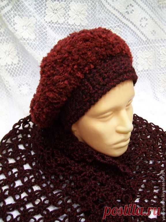 Берет вязаный и шарф - бордовый комплект - бордовый,однотонный,берет,женская шапка