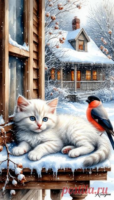 Пушистый белый котенок лежит на крыльце дома, положив голову на лапы, рядом сидит маленький Снегирь, глядя друг на друга. Снежная зима, зашнурованные снежинки, метель, хлопок.
Эфирная акварель
Ретро
..