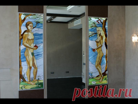 Витражный диптих &quot;Адам и Ева&quot; по бокам дверного проёма с подсветкой -&gt; Витраж Тиффани -&gt; Витражи фото. Студия Художественные витражи Ирида
