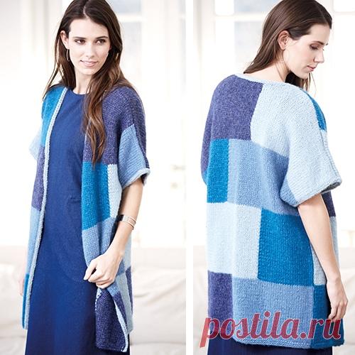 Удлиненный жилет в стиле пэчворк  https://verena.ru/vyazanie-spicami/-zhilet-v-stile-pe..

Модель оптически разделена на прямоугольники в стиле лоскутной техники, но состоит всего из трех частей, сшитых по плечевым и боковым краям.

Журнал «Burda. Creazion» № 1/2017