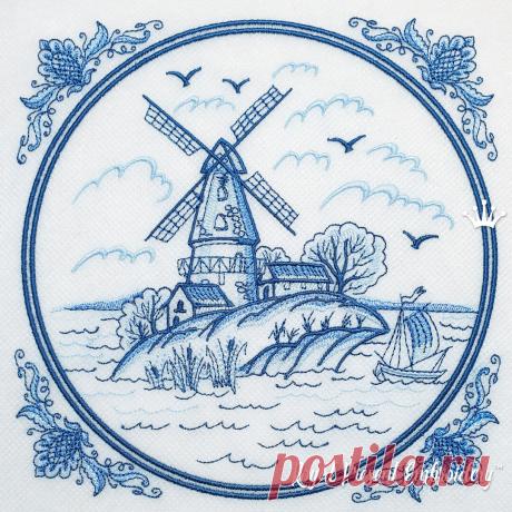 Ветряная мельница и лодка Дизайн машинной вышивки - 4 размера