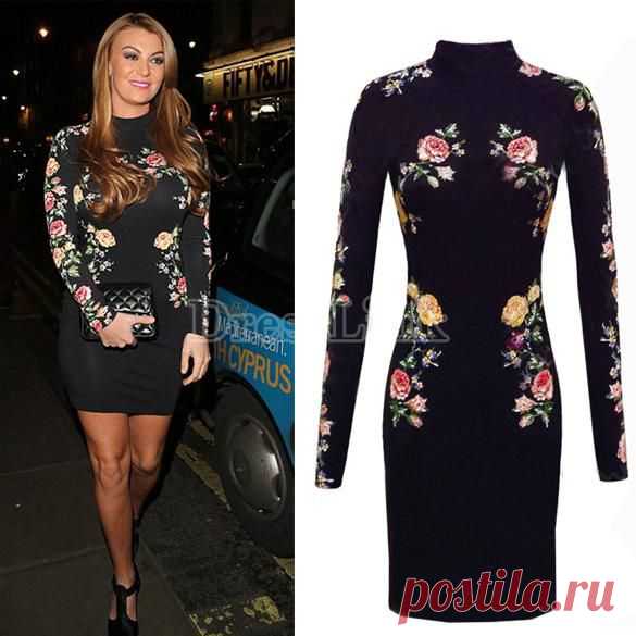 Женщин знаменитостей стиль черный цветок длинный рукав партии Bodycon платье
