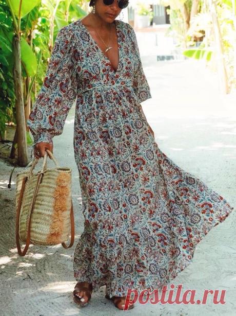 Plus Size Women Long Sleeve V-Neck Vintage Floral Casual Maxi Dresses | Dresses | Justfashionnow Party Dresses Long Sleeve 1 Floral Dresses Going Out V Neck Vintage Dresses | justfashionnow