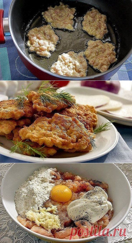 РАСТРЁПКИ КУРИНЫЕ !!! **Куриная грудка 3шт -кубик, яйцо 1шт, лук 1шт, майонез 3ст/л, мука/крахмал 3ст/л, чеснок 3зуб, приправы, зелень, соль, перец. *Масса, как на оладьи. *Вкусно и сочно - восторг!