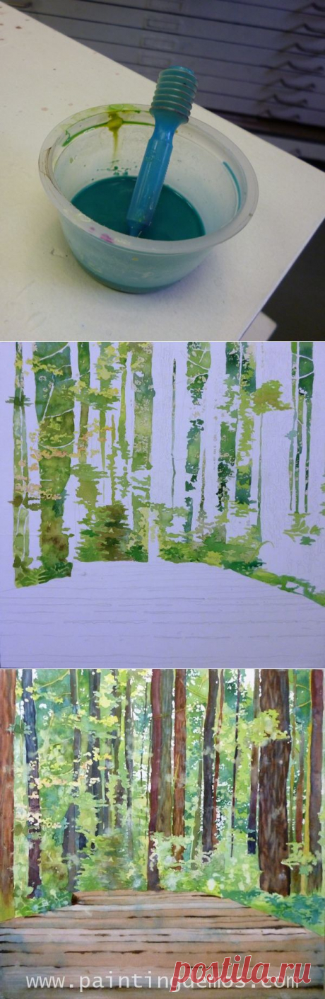 Painting a forest with watercolor and mixed media : step by step tutorial