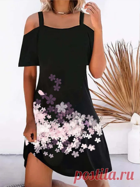 Off Shoulder Floral Printed Holiday Daily Casual Black Mini Dress - Cicicloth