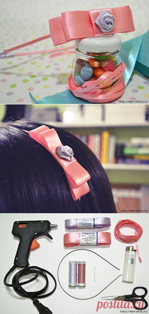 Декорирование ободка для волос бантиком и розочкой из ленты