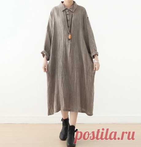 Linen midi dress gray Linen dress Longsleeve dress black | Etsy