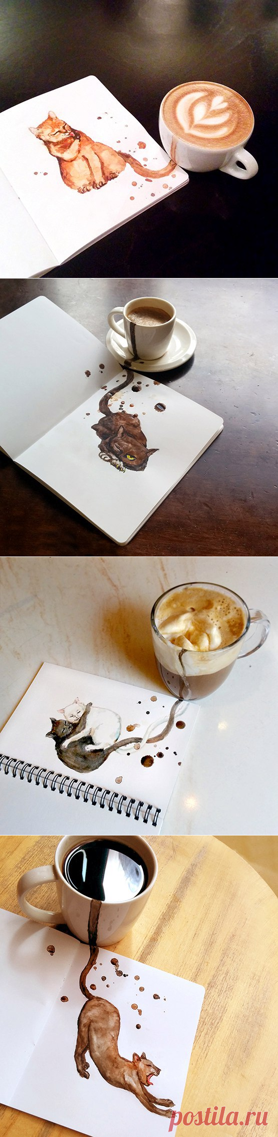 Художница Елена Ефремова создала серию рисунков Coffee cats (Кофе-кошки), где каждая кошка обладает собственным характером, как и каждый кофейный напиток — собственным ароматом