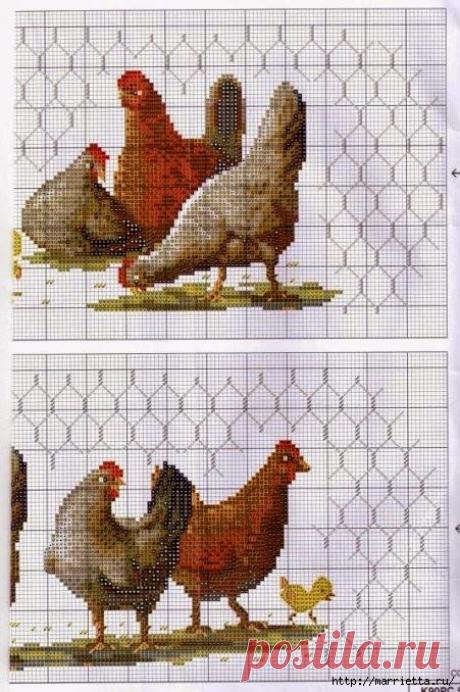 Курочки на скатерти и салфетке. Схемы вышивки крестом