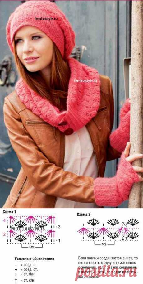 Связанная крючком шапка с митенками и шарфом-воротником / Рукоделие / Домоводство / Женские секреты / Женский стиль