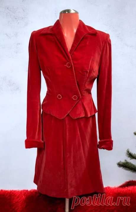 VTG Retro Glam Red Velvet fitted jacket & skirt set holiday party talon zipper M | eBay