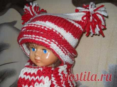 Комплект Красно-белый - вязание шапки спицами - Cap knitting