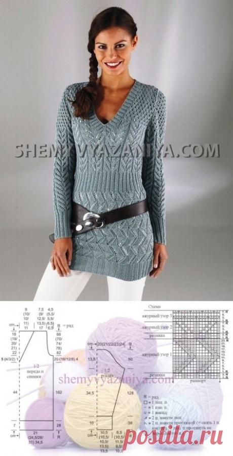 Длинный пуловер с V-образным вырезом горловины - Вязание - Страна Мам