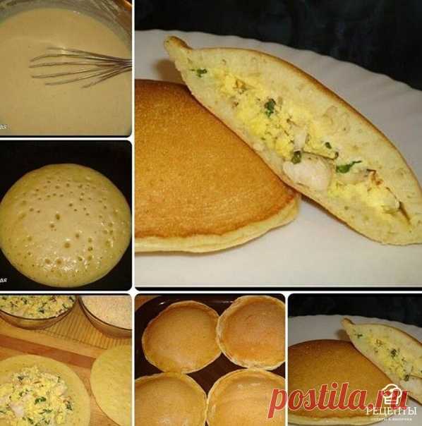 Блинчики с начинкой

Ингредиенты:
-Крупа манная (с небольшой горочкой) — 4 ст. л.
-Мука (стакан - 200 мл) — 1,5 ст.
-Яйцо (2 - в тесто, 2 - для начинки) — 4 шт
-Кефир (400 мл в тесто, 150 мл для начинки) — 550 мл
-Вода — 100-120 мл
-Сода — 0,5 ч. л.
-Сахар — 1 ч. л.
-Соль — 0,5 ч. л.
-Масло растительное — 3 ст. л.
-Лук — 1 шт.
-Куриная грудка отварная — 100 г
-Шпинат
-Сыр — 50 г
-Масло сливочное — 10-15 г

Приготовление:
Яйца (2 шт.) слегка взбить, добавить соль (0,5 ч. л....