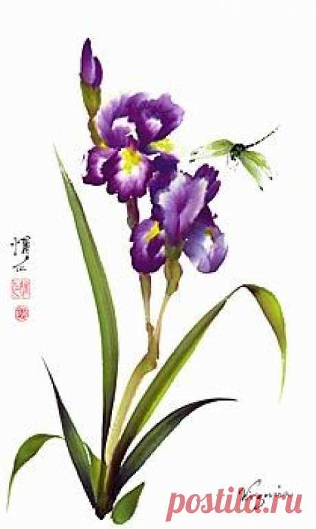 Chinese Brush Painting - Virginia Lloyd-Davies  / iris and dragonfly  | Найдено на сайте joyfulbrush.com.