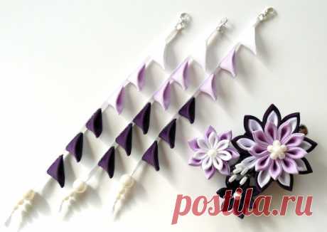 Kanzashi fabric flowers bridal hair clip with falls. от JuLVa