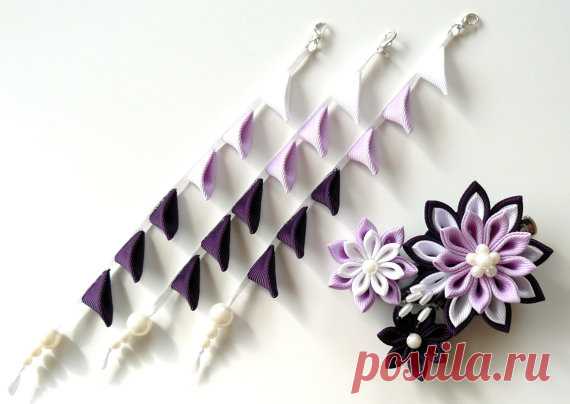 Kanzashi fabric flowers bridal hair clip with falls. от JuLVa