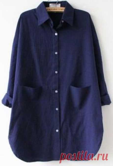 Navy Long Sleeve Pocket Lapel Loose Blouse pictures