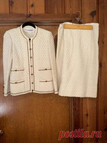 Castleberry VTG Ivory Cream Tweed Gold 2pc Women’s Suit Skirt Set Union Made | eBay