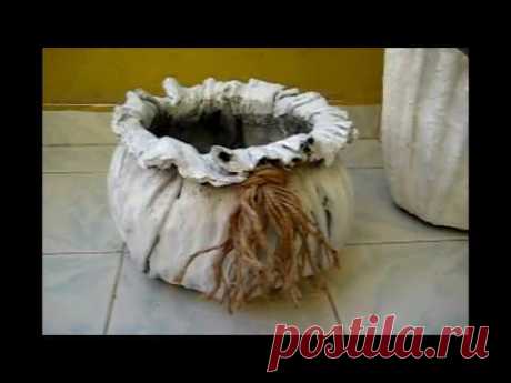 Çimento Kumaşla Saksı Yapımı-2  & DIY Flower pot with Cement and Fabric