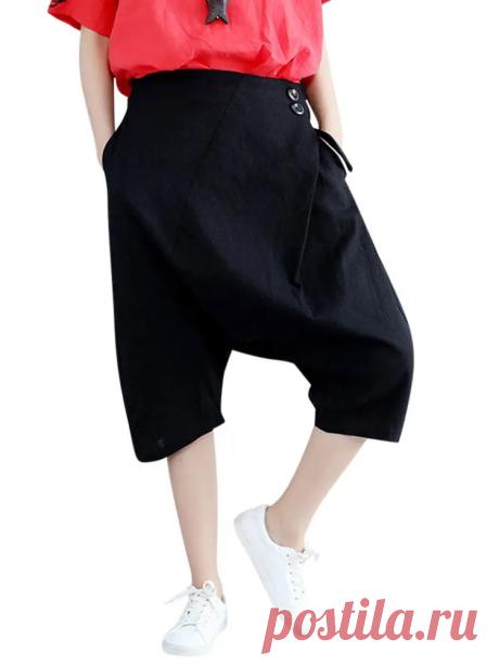 Women Elastic Waist Hip Hop Capri Pants Black Pockets Harem Pants - US$34.99