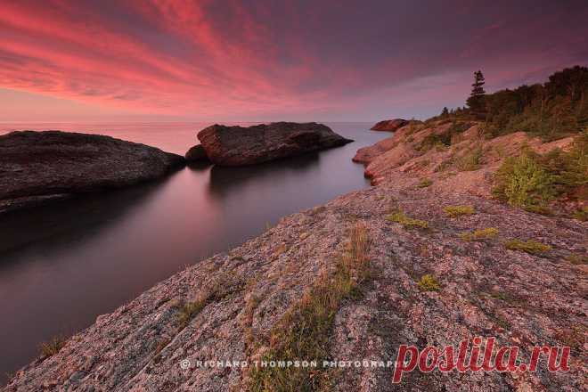 Titanic: Lake Superior July 2016 Twilight gleams over titanic rock formations sheltering the boreal shoreland of Lake Superior.  Copyright © 2016 Richard Thompson.  Notes: I spent two evenings here waiting for the right circumstances to unfold this July. It seems I seldom encounter the sort of conditions I desire the first time around and, consequently, find myself months and years down the road returning to my favorite places to try and capture some semblance of what I had originally imagined.