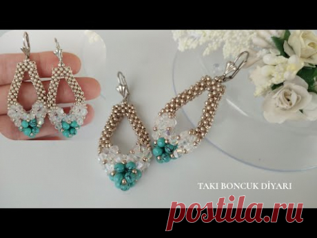 Oval Firuze küpe yapımı//DİY Super quick and easy beaded earrings. oval bead earrings