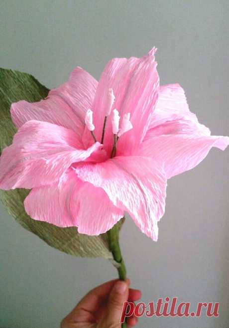 Paper lily. Crepe paper flower. Pink bridal bouquet. Bridesmaid flower. Anniversary gift. Mother's day bouquet centerpiece. Girl baby shower This is listing for beautiful crepe paper lily with spread of green leaves. Gorgeous flower that will never fade. It will be perfect flowers for bride or bridesmaid, also great idea for wedding or spring-summer party decoration, table decor, photo props, etc. You will love it!  Diameter of flower is about 6 wide.  For my flowers I use...