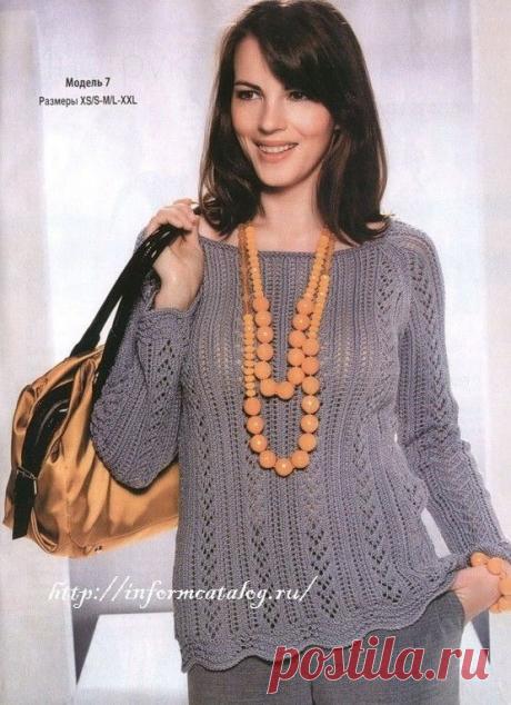 Серый Ажурный Пуловер Спицами | Ниточка