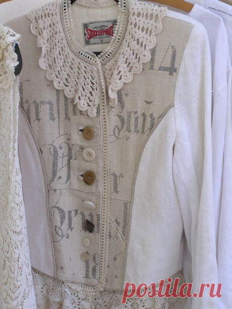 Linen Jacket Womens Upcycled LINEN Jacket Antique Lace Vintage Buttons