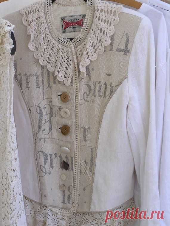 Linen Jacket Womens Upcycled LINEN Jacket Antique Lace Vintage Buttons