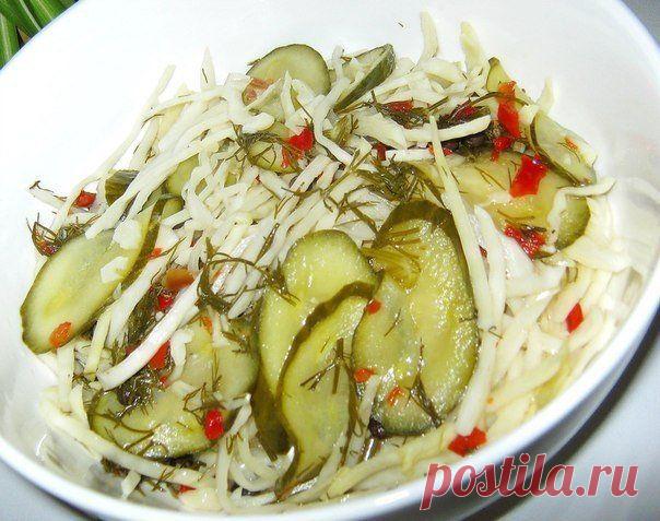 ОЧЕНЬ ВКУСНЫЙ САЛАТ | Семья и дом
Ну очень вкусный салатик, обязательно попробуйте приготовить!

1 кг белокочанной капусты
1 кг свежих огурцов
6 зубчиков чеснока

Для маринада: 2 л воды, 10 штучек перца горошком, 1 ст. л. сушеной паприки, г 30 укропа, 2 ст.л. соли, 5 ст. л. сахара, 1/3 ст. подсолн. масла, 0,5 ст. яблочного уксуса.